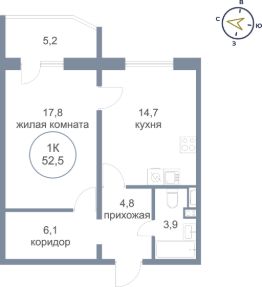 1-комн.кв., 53 м², этаж 14