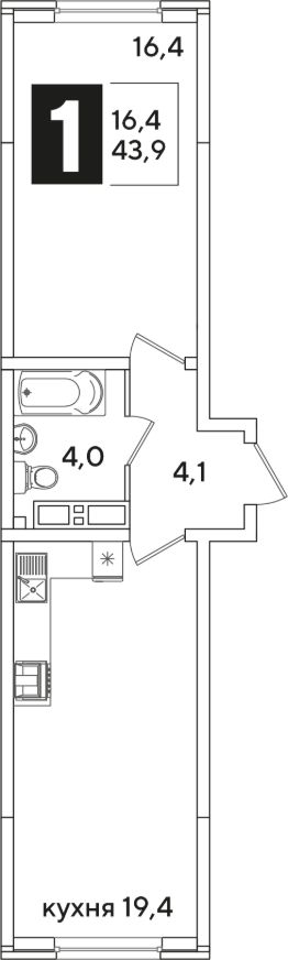 1-комн.кв., 44 м², этаж 15