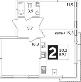 2-комн.кв., 59 м², этаж 8