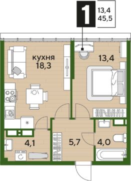 1-комн.кв., 44 м², этаж 16
