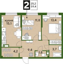 2-комн.кв., 59 м², этаж 13