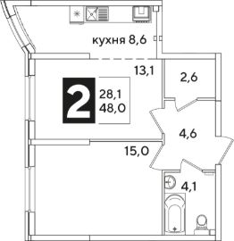 2-комн.кв., 48 м², этаж 2