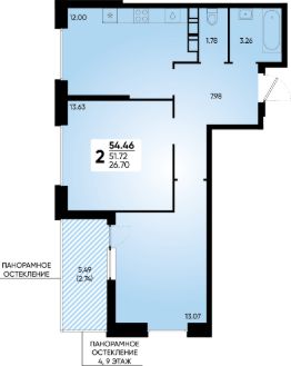 2-комн.кв., 54 м², этаж 9