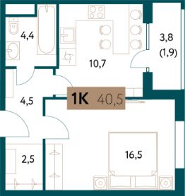1-комн.кв., 41 м², этаж 12