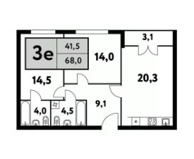 3-комн.кв., 68 м², этаж 32