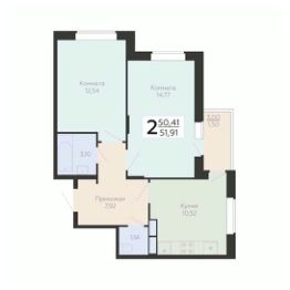 2-комн.кв., 52 м², этаж 2