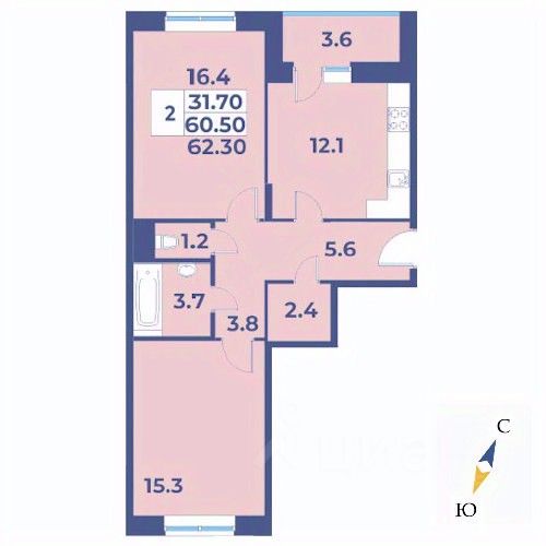 Продается2-комн.квартира,62,3м²