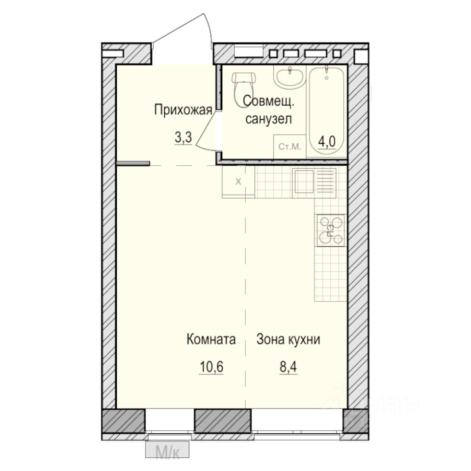 Студия, 26,3 м², 1/5 этаж