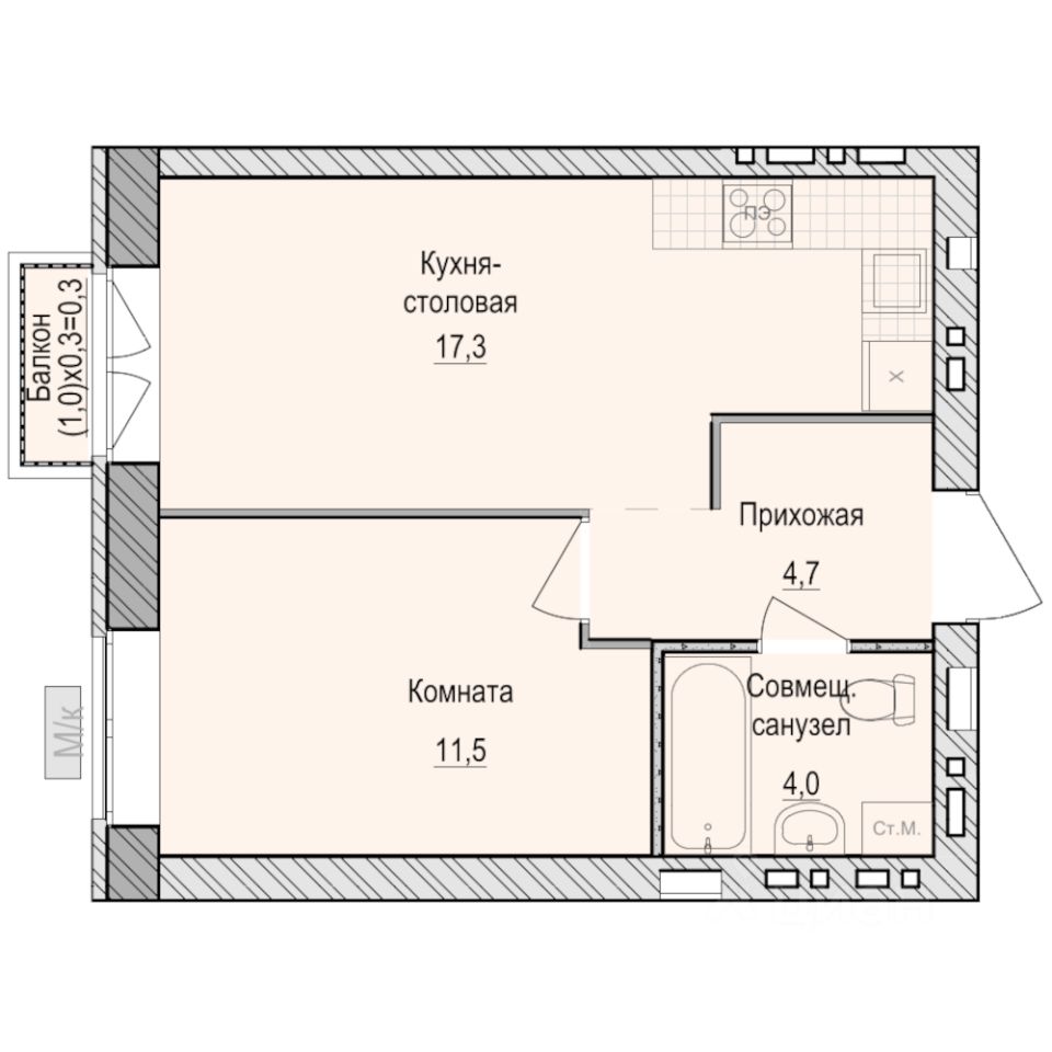 1-комн.кв., 37,8 м², 4/5 этаж