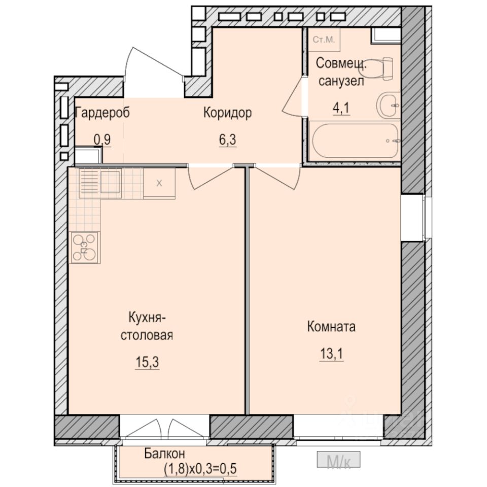 1-комн.кв., 40,2 м², 3/5 этаж