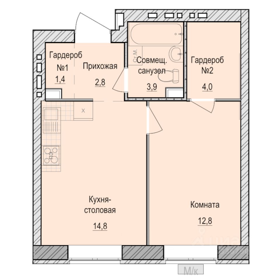 1-комн.кв., 39,7 м², 1/5 этаж