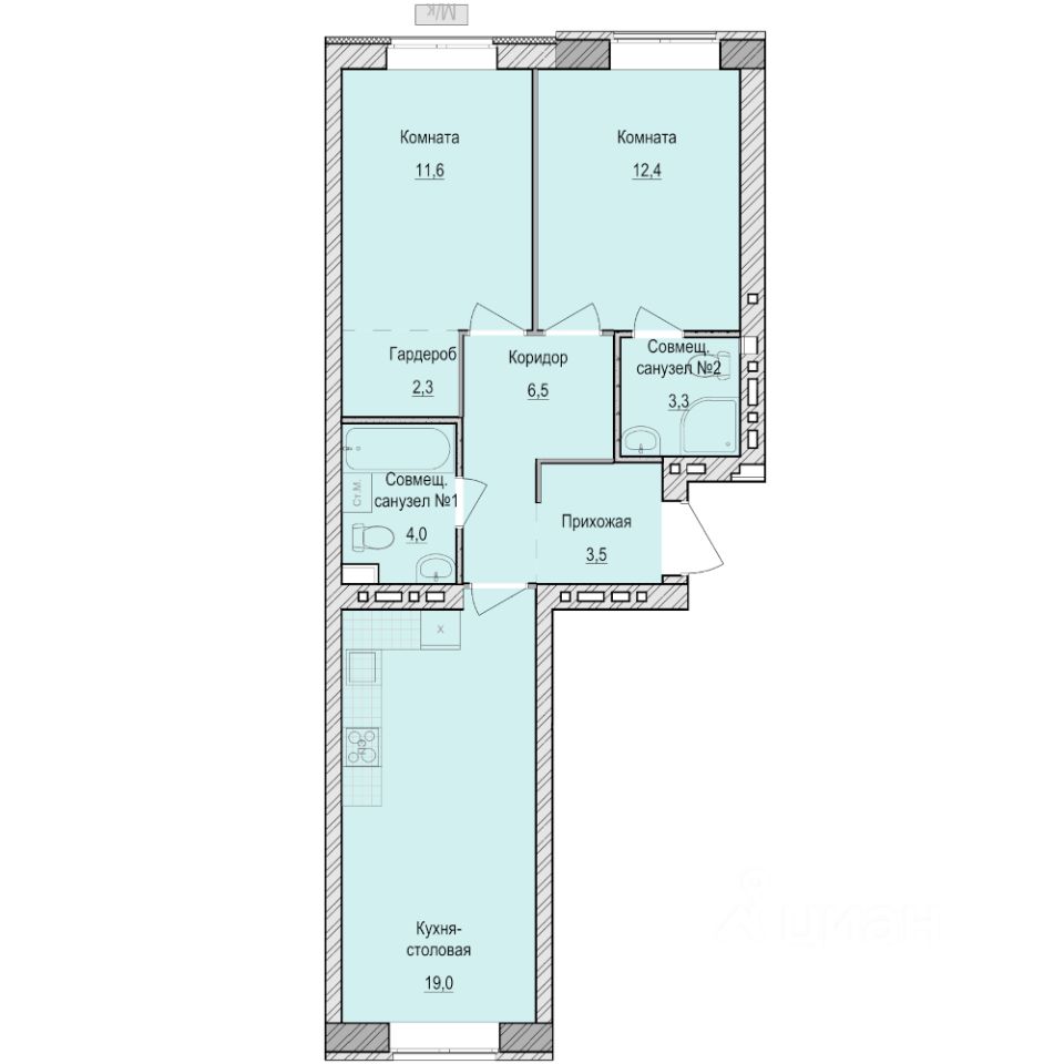 2-комн.кв., 62,6 м², 2/5 этаж