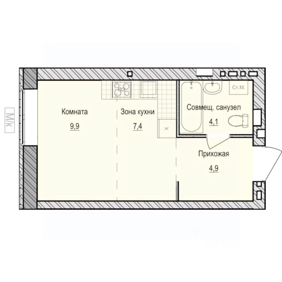 Студия, 26,3 м², 1/5 этаж