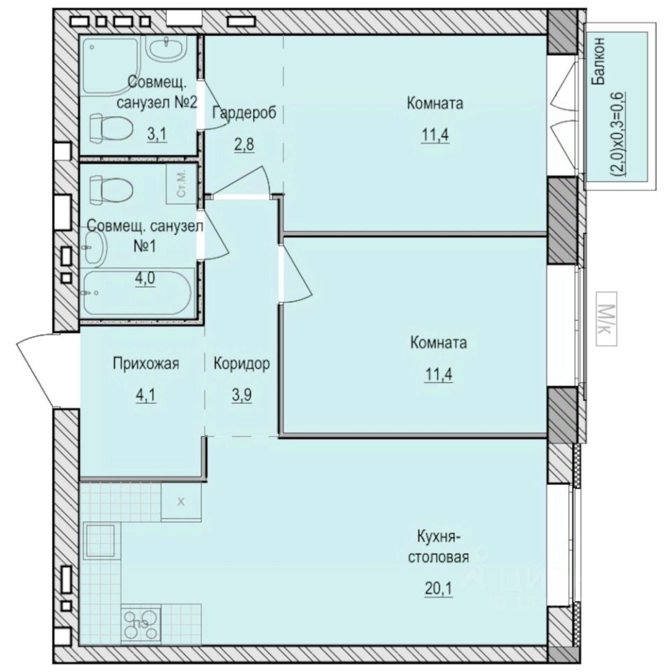 2-комн.кв., 61,4 м², 5/5 этаж