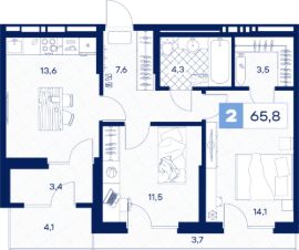 2-комн.кв., 66 м², этаж 6