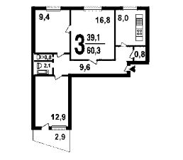 3-комн.кв., 60 м², этаж 3