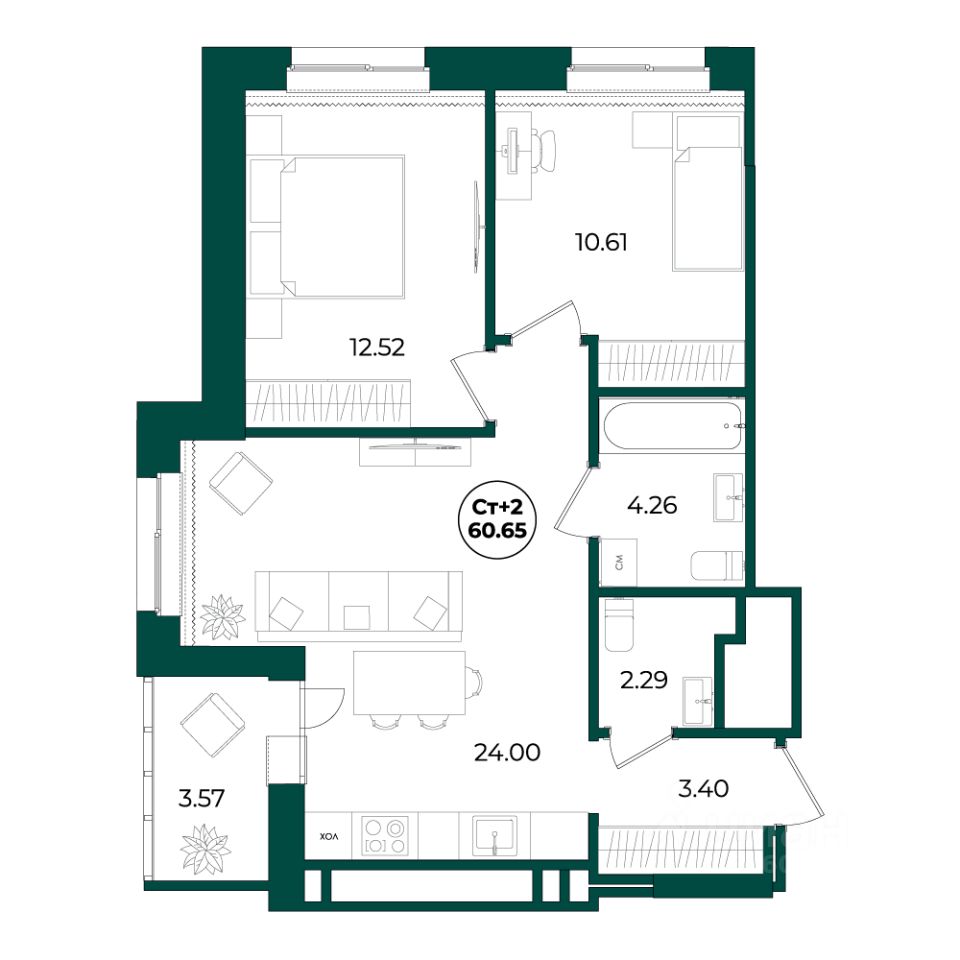 Продаю двухкомнатную квартиру 60,7м² Нижневартовск, Ханты-Мансийский АО,  22-й микрорайон - база ЦИАН, объявление 293312522