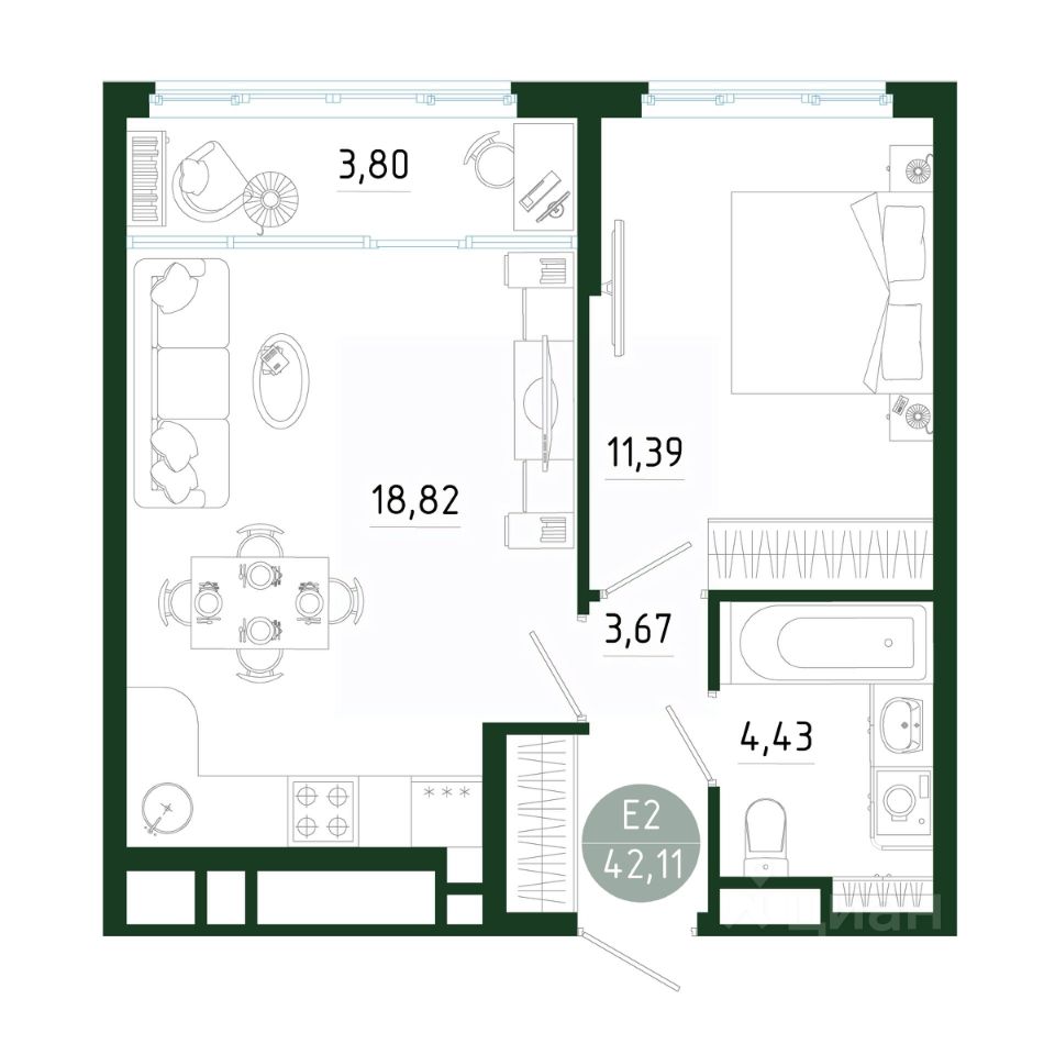 Продажа однокомнатной квартиры 42,1м² Тула, Тульская область,  Садовод-любитель СТ - база ЦИАН, объявление 298366756