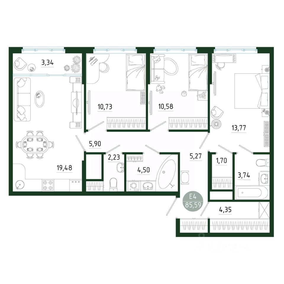 Продажа трехкомнатной квартиры 85,6м² Тула, Тульская область,  Садовод-любитель СТ - база ЦИАН, объявление 298366762