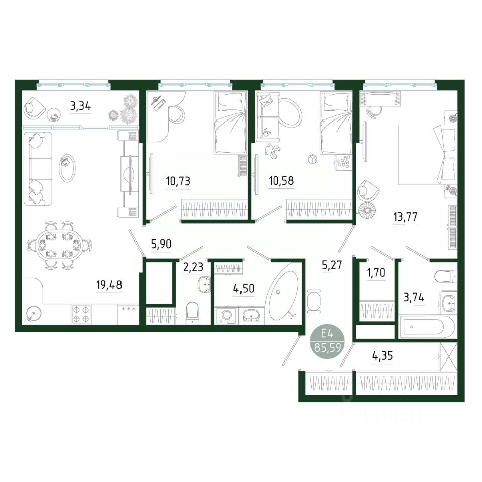 Продаю трехкомнатную квартиру 85,6м² Тула, Тульская область,  Садовод-любитель СТ - база ЦИАН, объявление 298366769