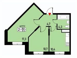 2-комн.кв., 47 м², этаж 1