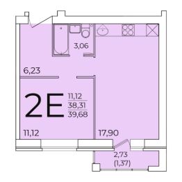 2-комн.кв., 38 м², этаж 3