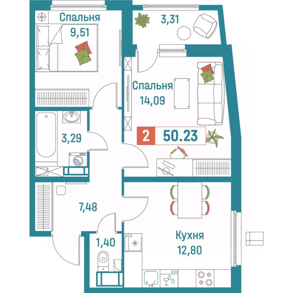 Купить двухкомнатную квартиру 50,2м² Мурино, Ленинградская область,  Всеволожский район, Графика жилой комплекс, м. Девяткино - база ЦИАН,  объявление 298393761