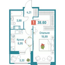 1-комн.кв., 39 м², этаж 2