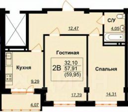 2-комн.кв., 60 м², этаж 9