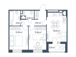 3-комн.кв., 55 м², этаж 15