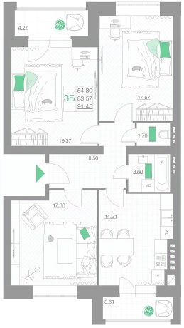 3-комн.кв., 91 м², этаж 1