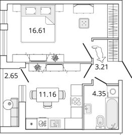 1-комн.кв., 37 м², этаж 1