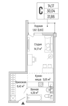 студия, 32 м², этаж 9