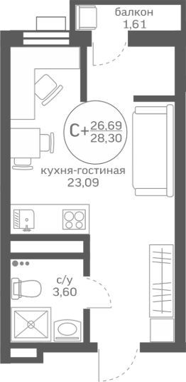 студия, 27 м², этаж 14