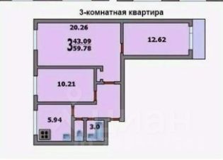 3-комн.кв., 58 м², этаж 2