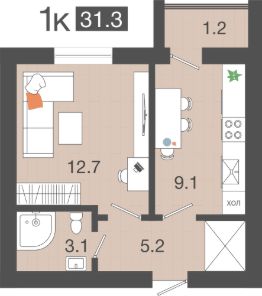 1-комн.кв., 31 м², этаж 1