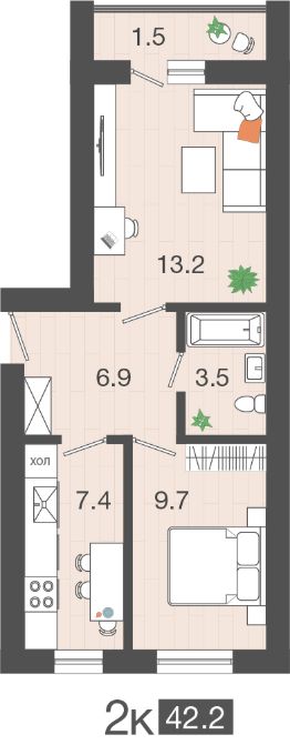 2-комн.кв., 42 м², этаж 2