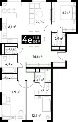 4-комн.кв., 106 м², этаж 19