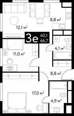 3-комн.кв., 67 м², этаж 7