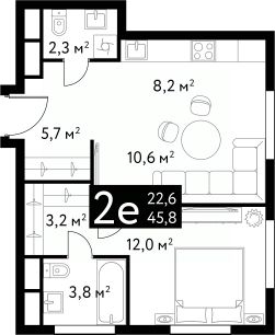 2-комн.кв., 46 м², этаж 15