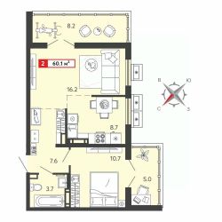 2-комн.кв., 60 м², этаж 10