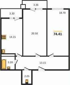 2-комн.кв., 74 м², этаж 2