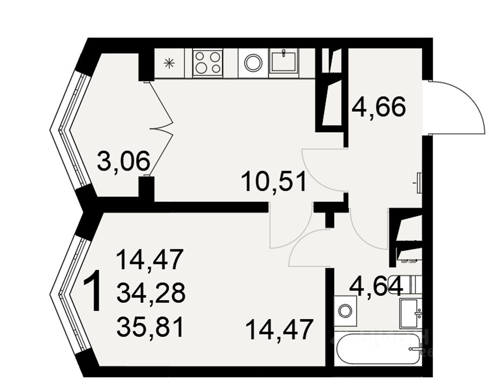 1-комн.кв., 35,8 м², 22/25 этаж