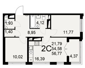 2-комн.кв., 57 м², этаж 19