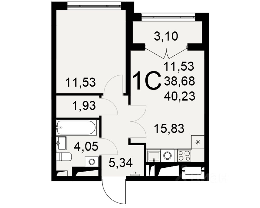 1-комн.кв., 40,2 м², 23/25 этаж