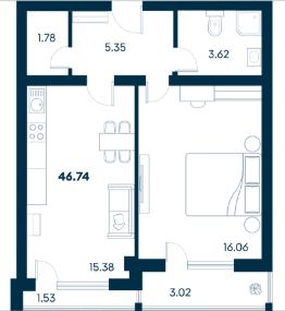 2-комн.кв., 47 м², этаж 2