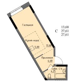 студия, 28 м², этаж 1