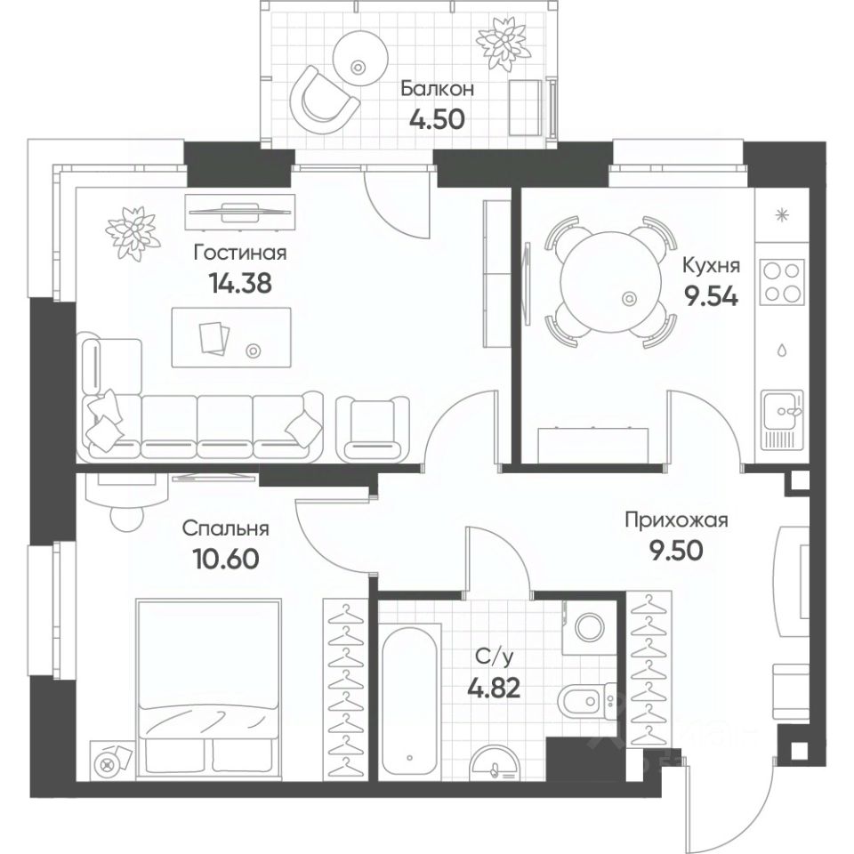 Купить двухкомнатную квартиру 50,2м² ул. Гаврилова, 5Бк1, Казань, Татарстан  респ., м. Козья слобода - база ЦИАН, объявление 298645194