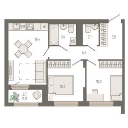 3-комн.кв., 54 м², этаж 2