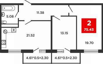 2-комн.кв., 75 м², этаж 15